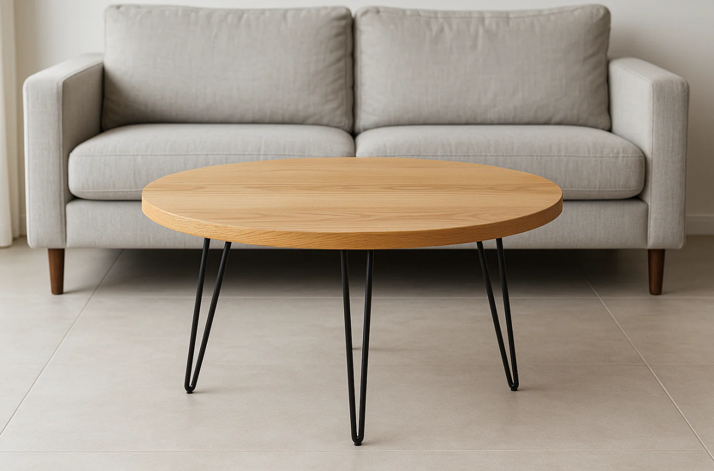 Mesa de Centro Redonda Madeira Carvalho Pés Hairpin 80cm